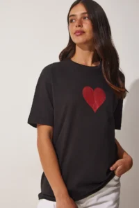 Happiness İstanbul Women's Black Sparkly Heart Printed Oversize Knitted T-Shirt - Image 2