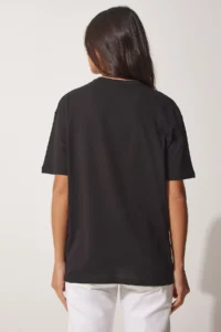 Happiness İstanbul Women's Black Sparkly Heart Printed Oversize Knitted T-Shirt - Image 4