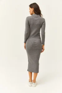 Olalook Women's Smoked Zippered Stand Collar Long Lycra Dress - Image 5