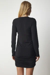 Happiness İstanbul Women's Black V-Neck Gathered Sandy Knitted Dress - Image 7