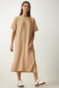 Happiness İstanbul Women's Beige Crew Neck Knitted Ribbed Dress - Image 2