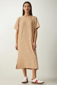 Happiness İstanbul Women's Beige Crew Neck Knitted Ribbed Dress - Image 3