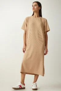Happiness İstanbul Women's Beige Crew Neck Knitted Ribbed Dress - Image 4