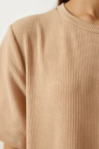 Happiness İstanbul Women's Beige Crew Neck Knitted Ribbed Dress - Image 5