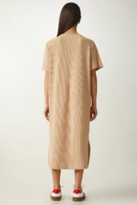 Happiness İstanbul Women's Beige Crew Neck Knitted Ribbed Dress - Image 6