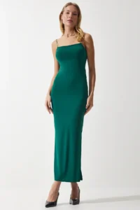 Happiness İstanbul Women's Dark Green Rope Strap Slit Saran Sandy Dress - Image 2