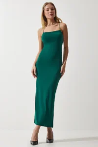 Happiness İstanbul Women's Dark Green Rope Strap Slit Saran Sandy Dress - Image 3