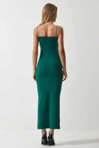 Happiness İstanbul Women's Dark Green Rope Strap Slit Saran Sandy Dress - Image 5