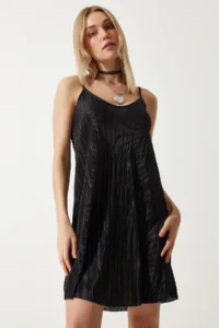 Happiness İstanbul Women's Black Strap Pleated Summer Mini Knitted Dress - Image 2