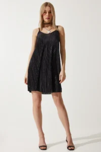 Happiness İstanbul Women's Black Strap Pleated Summer Mini Knitted Dress - Image 3