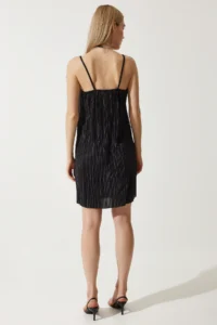 Happiness İstanbul Women's Black Strap Pleated Summer Mini Knitted Dress - Image 5
