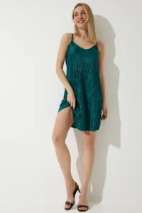 Happiness İstanbul Women's Emerald Green Strappy Pleated Summer Mini Knitted Dress - Image 2