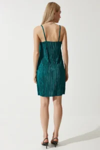 Happiness İstanbul Women's Emerald Green Strappy Pleated Summer Mini Knitted Dress - Image 6