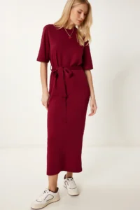 Happiness İstanbul Women Burgundy Belted Flexible Knitting Dress - Image 2