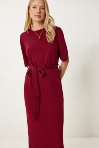 Happiness İstanbul Women Burgundy Belted Flexible Knitting Dress - Image 3