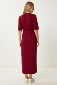 Happiness İstanbul Women Burgundy Belted Flexible Knitting Dress - Image 5