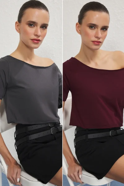 TRENDYOLMİLLA Anthracite-Burgundy 2 Sets Package 100% Cotton Asymmetric Boat Neck Crop Knitting T-Shirt