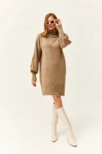 Olalook Women's Mink Turtleneck Balloon Sleeve Loose Knitwear Dress - Image 2