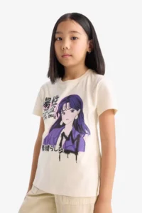 DeFacto Crew Neck Anime Printed Short Sleeve T-Shirt Girls - Image 3