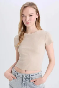DeFacto Fitted Ribbed Camisole Basic Plain Short Sleeve T-Shirt