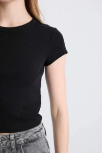 DeFacto Fitted Basic Plain Ribbed Camisole Short Sleeve Black T-Shirt - Image 3