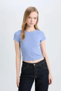 DeFacto Fitted Basic Plain Ribbed Camisole Short Sleeve T-Shirt - Image 3