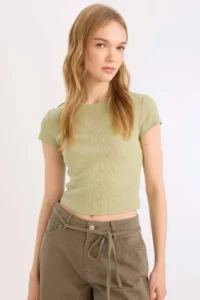DeFacto Fitted Ribbed Camisole Basic Plain Short Sleeve T-Shirt