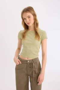 DeFacto Fitted Ribbed Camisole Basic Plain Short Sleeve T-Shirt - Image 3