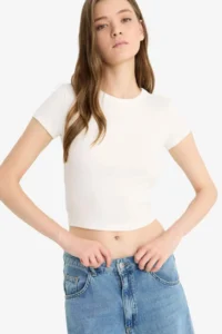 DeFacto Fitted Crew Neck Basic Plain Ribbed Camisole Short Sleeve White T-Shirt