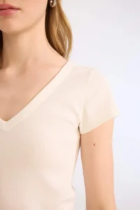 DeFacto V-Neck Fitted Ribbed Camisole Short Sleeve White T-Shirt - Image 6