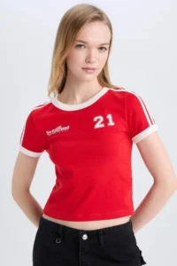 DeFacto Fitted Printed Ribbed Short Sleeve T-Shirt