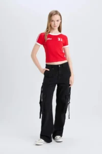DeFacto Fitted Printed Ribbed Short Sleeve T-Shirt - Image 2