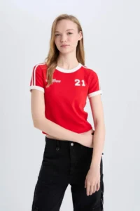 DeFacto Fitted Printed Ribbed Short Sleeve T-Shirt - Image 3