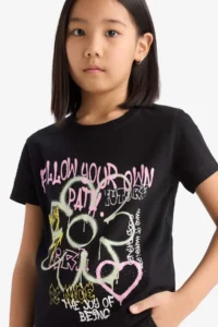 DeFacto Crew Neck Printed Short Sleeve T-Shirt Girls