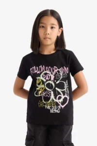 DeFacto Crew Neck Printed Short Sleeve T-Shirt Girls - Image 3