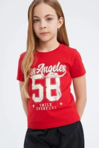 DeFacto Slim Fit Narrow Cut Crew Neck Printed Ribbed Short Sleeve T-Shirt Girl Child