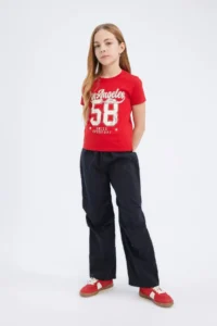 DeFacto Slim Fit Narrow Cut Crew Neck Printed Ribbed Short Sleeve T-Shirt Girl Child - Image 2