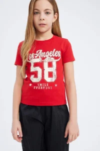 DeFacto Slim Fit Narrow Cut Crew Neck Printed Ribbed Short Sleeve T-Shirt Girl Child - Image 3