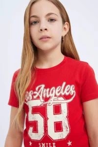 DeFacto Slim Fit Narrow Cut Crew Neck Printed Ribbed Short Sleeve T-Shirt Girl Child - Image 4