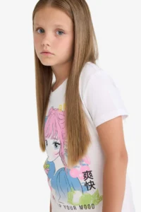 DeFacto Crew Neck Anime Printed Short Sleeve T-Shirt Girls - Image 4