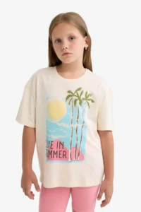 DeFacto Relax Fit Crew Neck Printed Short Sleeve T-Shirt Girls - Image 3