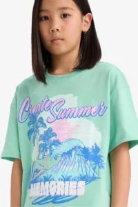 DeFacto Oversize Wide Fit Crew Neck Printed Short Sleeve T-Shirt Girl Child - Image 3