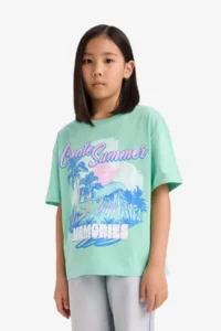 DeFacto Oversize Wide Fit Crew Neck Printed Short Sleeve T-Shirt Girl Child - Image 4