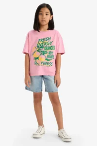 DeFacto Oversize Wide Fit Crew Neck Printed Short Sleeve T-Shirt Girl Child - Image 2