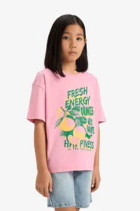 DeFacto Oversize Wide Fit Crew Neck Printed Short Sleeve T-Shirt Girl Child - Image 3