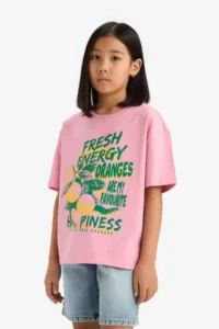 DeFacto Oversize Wide Fit Crew Neck Printed Short Sleeve T-Shirt Girl Child - Image 4
