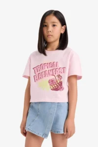 DeFacto Boxy Fit Crew Neck Printed Short Sleeve T-Shirt Girl Child - Image 3