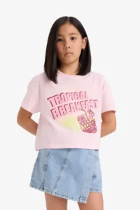 DeFacto Boxy Fit Crew Neck Printed Short Sleeve T-Shirt Girl Child - Image 4