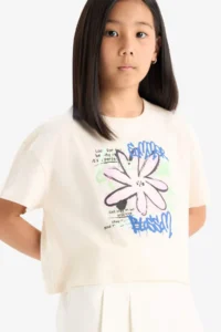 DeFacto Crew Neck Printed Short Sleeve T-Shirt Girls