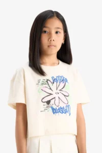 DeFacto Crew Neck Printed Short Sleeve T-Shirt Girls - Image 3